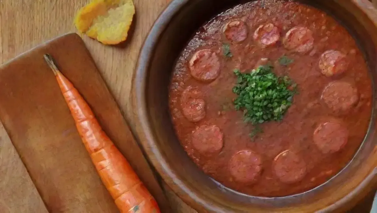 Un acogedor plato rústico con chorizo, lentejas, perejil y especias en una cocina nostálgica