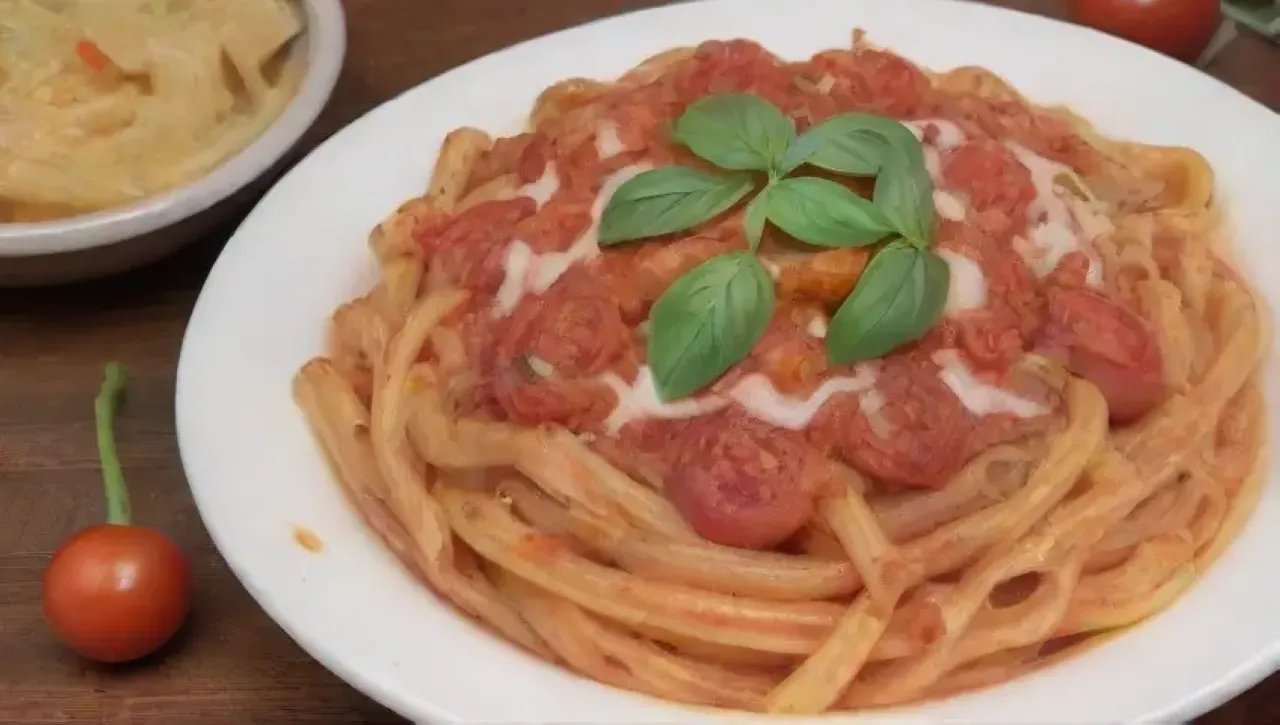 Una cocina vibrante con pasta, queso, albahaca, salsa marinara y un ambiente acogedor