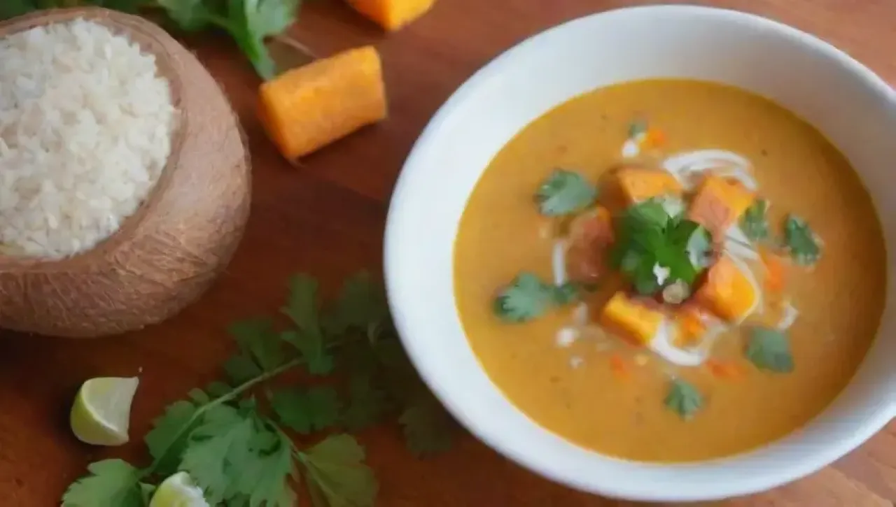 Sopa de coco vibrante con calabaza dorada, hierbas frescas y especias coloridas en un ambiente acogedor
