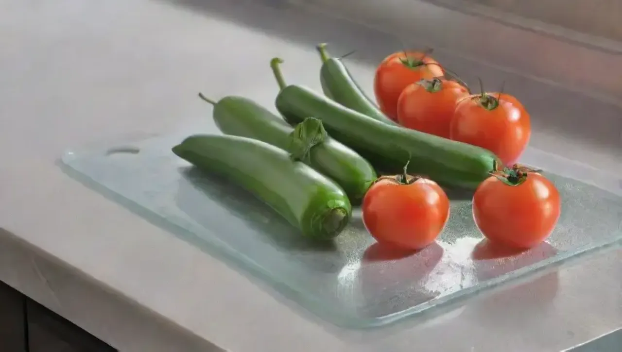 Una cocina elegante con una encimera de vidrio pulido, un cuchillo de chef y verduras frescas, evoca belleza y precaución