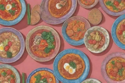 Platos coloridos con ingredientes vibrantes y recetas culturales