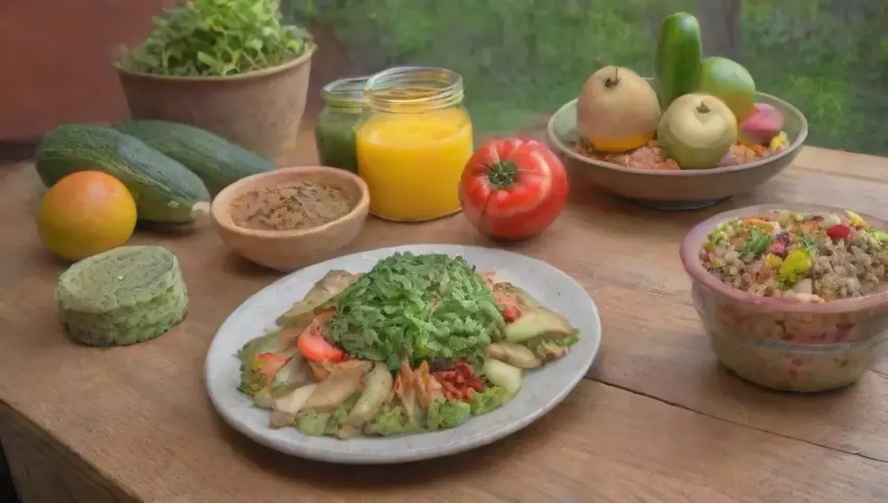 Una mesa rústica llena de verduras frescas, frutas coloridas y un ambiente acogedor de cocina vegana