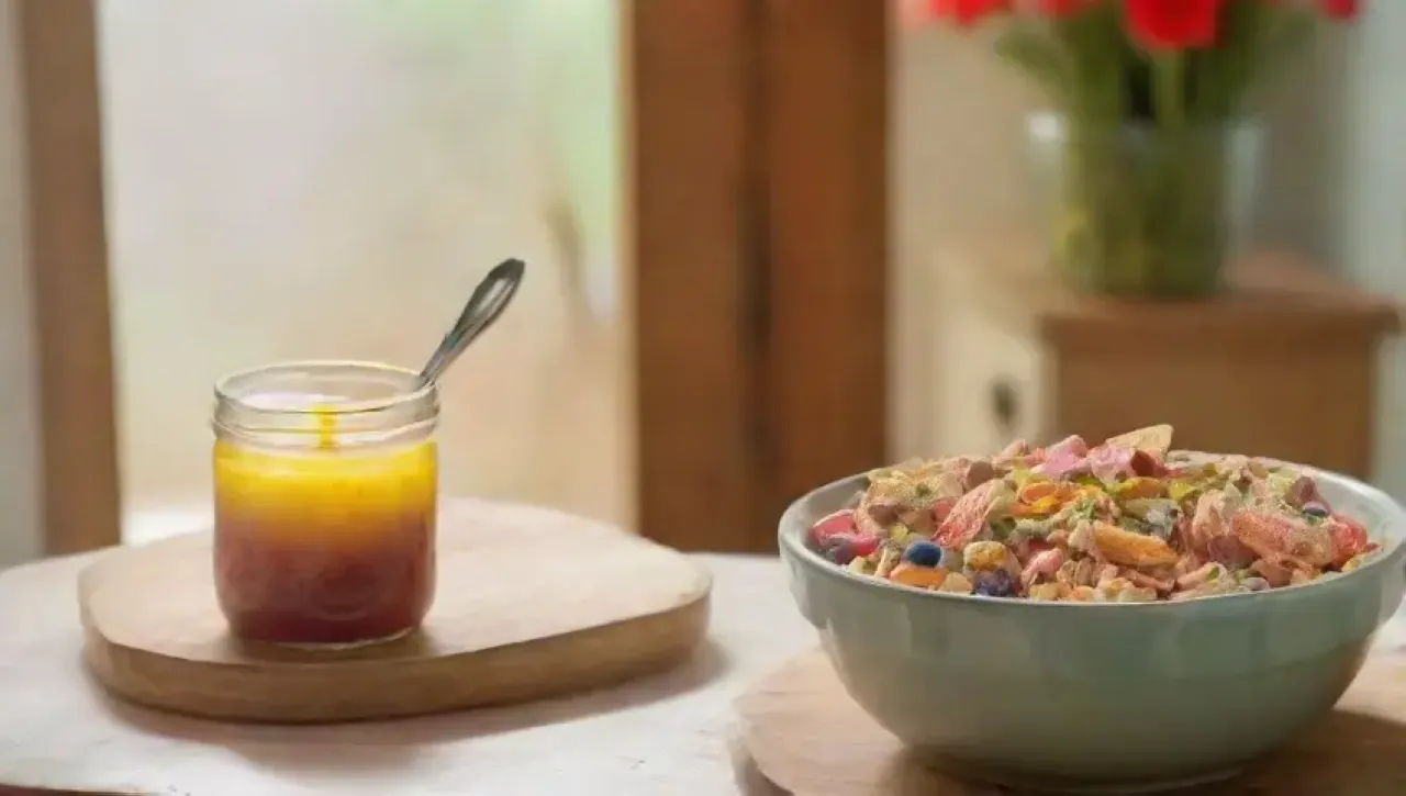 Un desayuno colorido y acogedor en una cocina iluminada por el sol