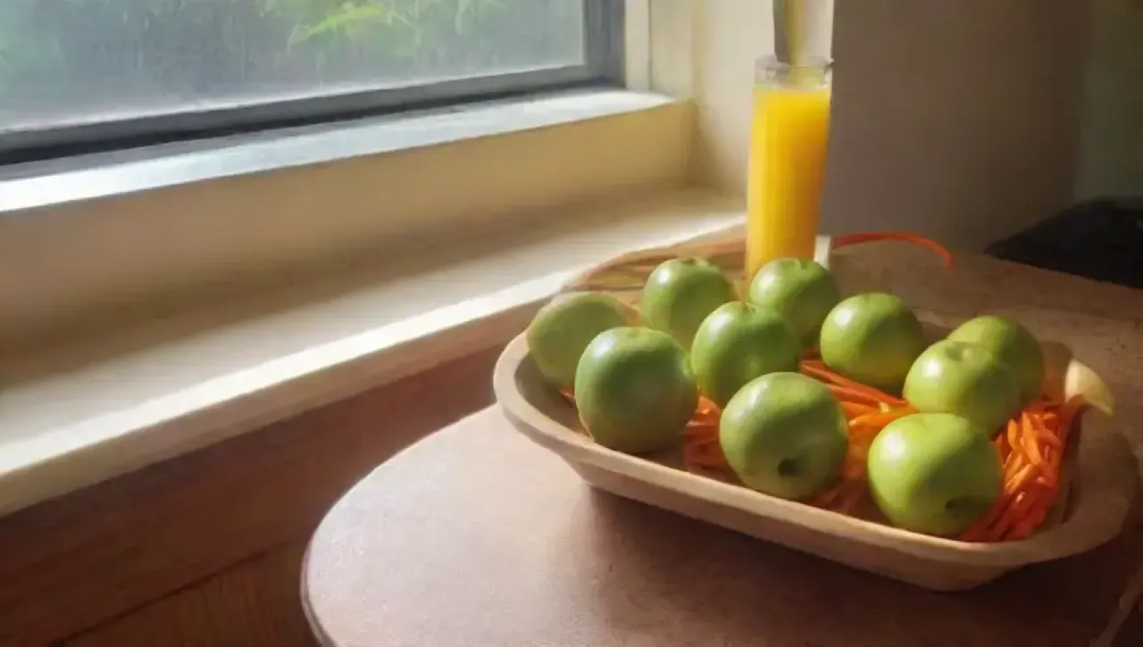 Un refrescante jugo de manzana y jengibre brilla en una acogedora cocina