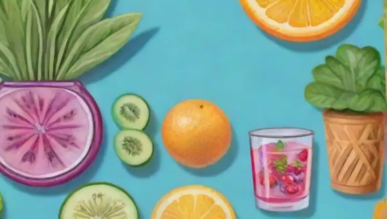 Frutas y verduras vibrantes, agua fresca y saludable, y recetas de hidratación