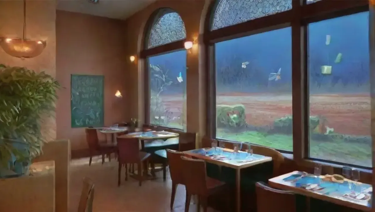 Un restaurante sereno con decoración vibrante, luz cálida y un ambiente acogedor