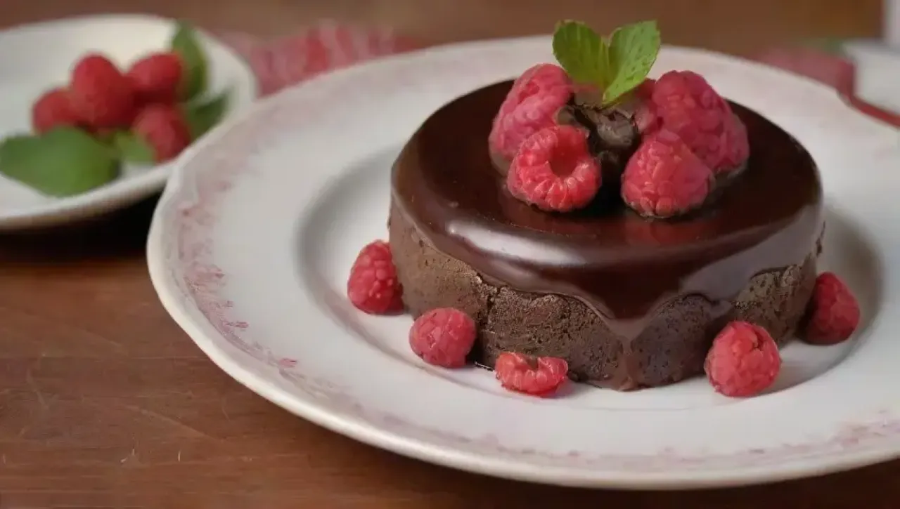 Un delicioso pastel de chocolate con frambuesas y flores comestibles en un acogedor ambiente