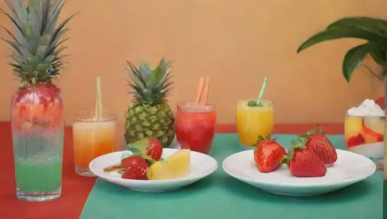 Una fiesta vibrante con coloridos cócteles y frutas frescas