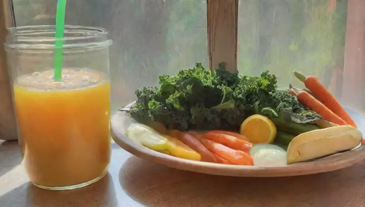 Una cocina acogedora y vibrante llena de frutas, verduras y un ambiente saludable