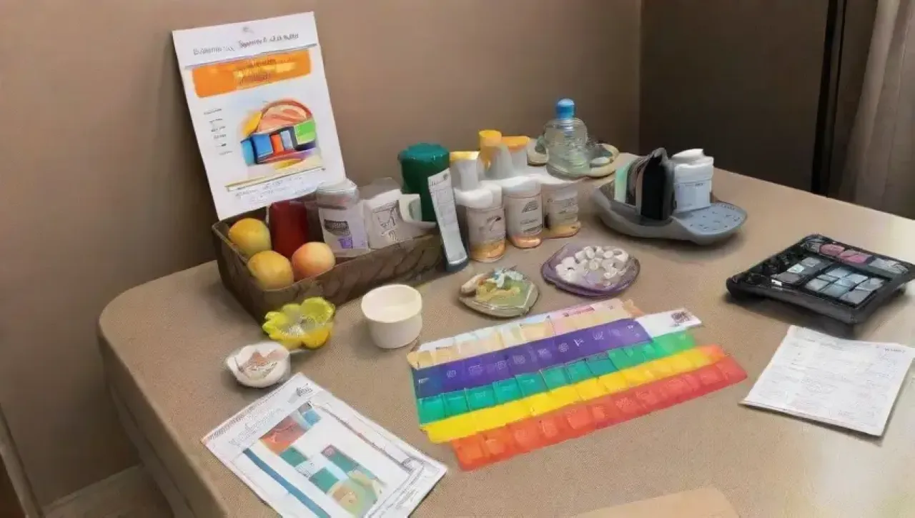 Un collage vibrante de salud y bienestar con medicamentos, frutas, y momentos familiares
