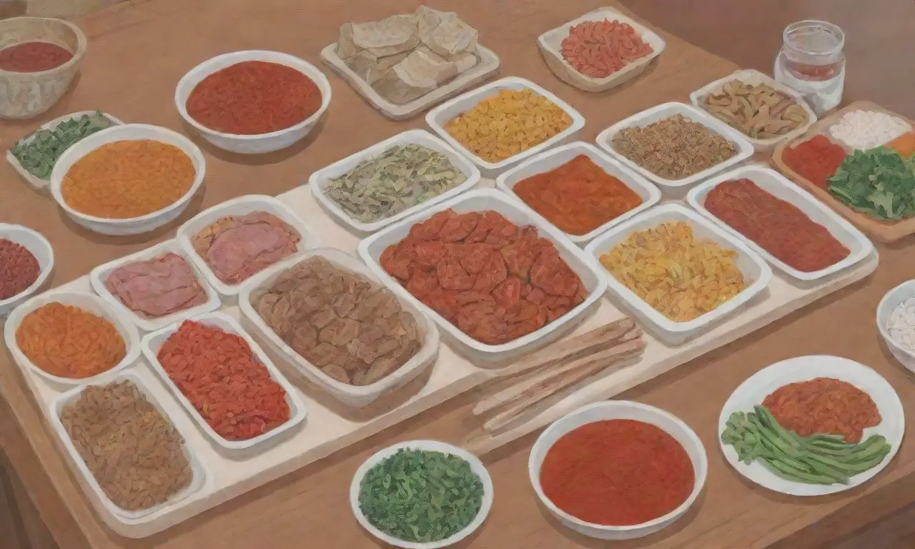 Ingredientes coloridos y especias vibrantes en una cocina china