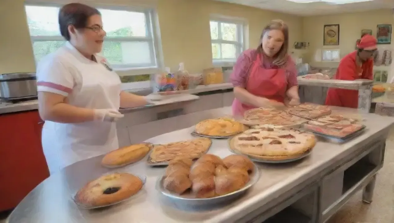 Un aula vibrante con chefs en acción, herramientas de cocina, risas y aprendizaje colaborativo