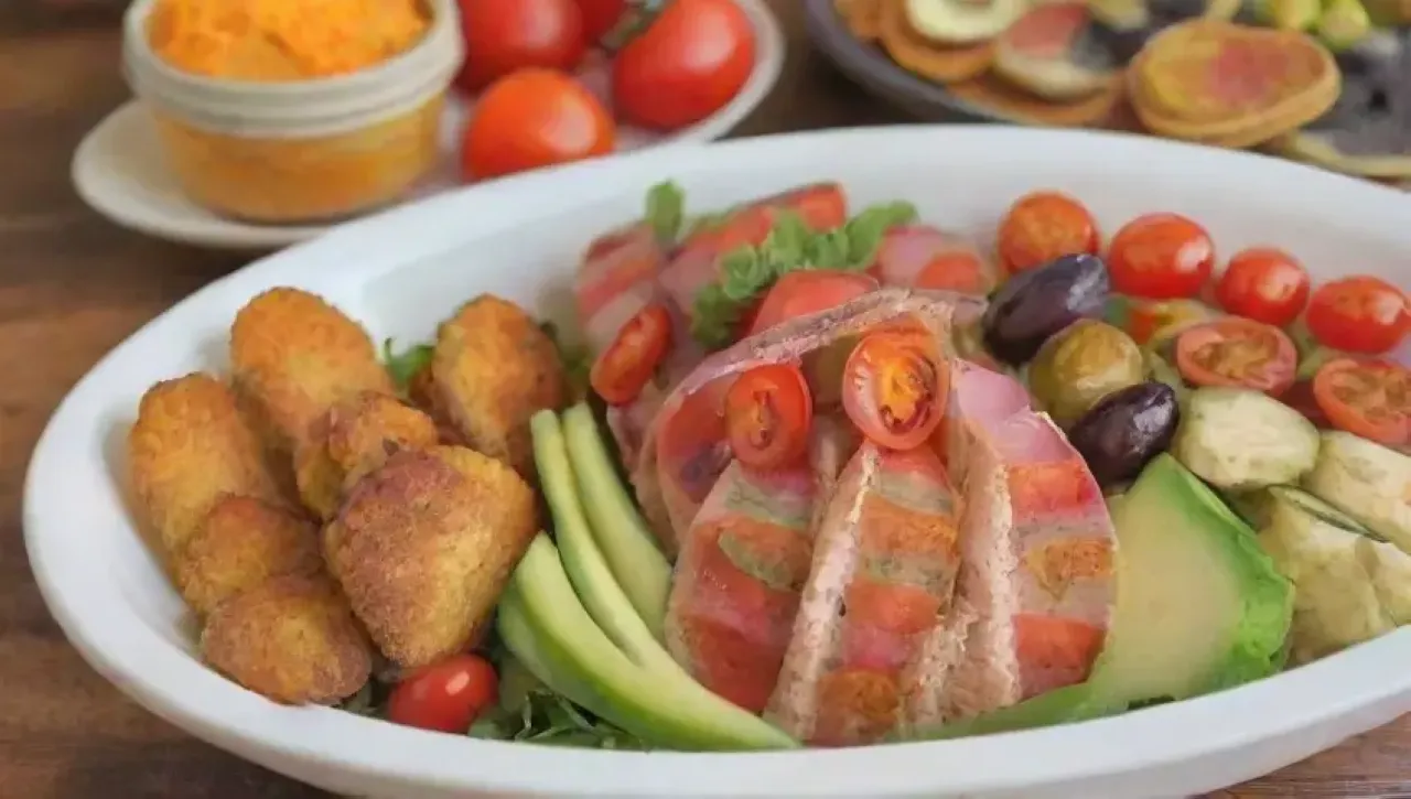 Una mesa rústica y acogedora llena de platos coloridos y opciones saludables