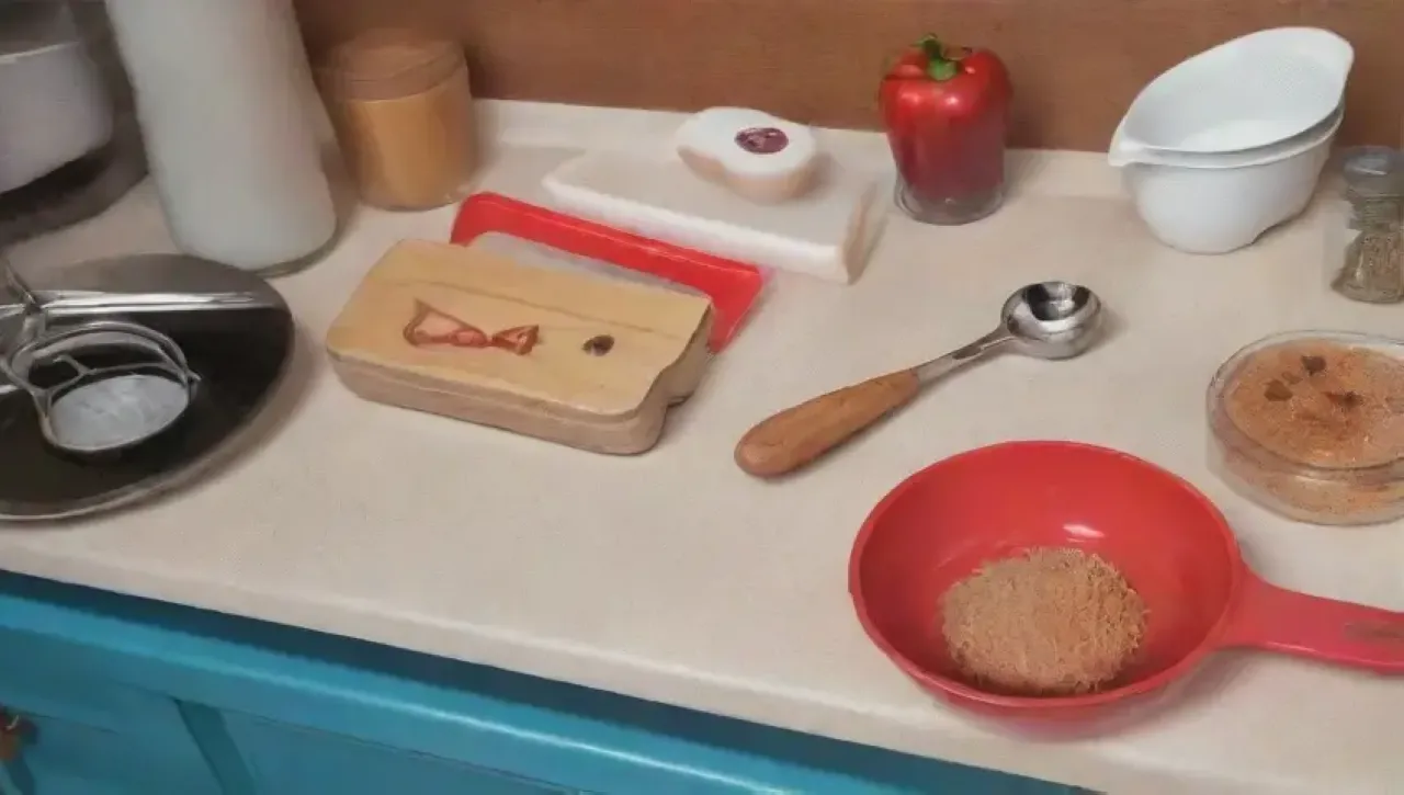 Una cocina vibrante y organizada, llena de utensilios coloridos y frescos ingredientes