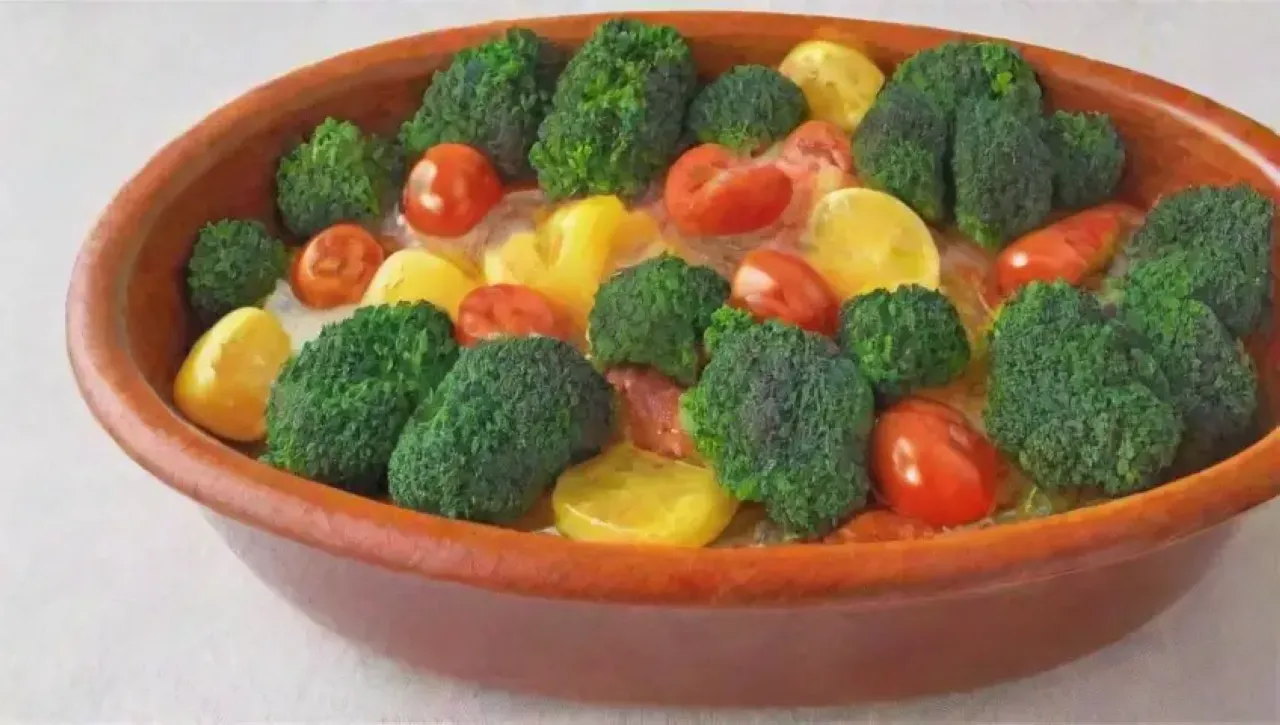 Un colorido plato de verduras frescas y aromáticas, con un toque de aceite de oliva y hierbas