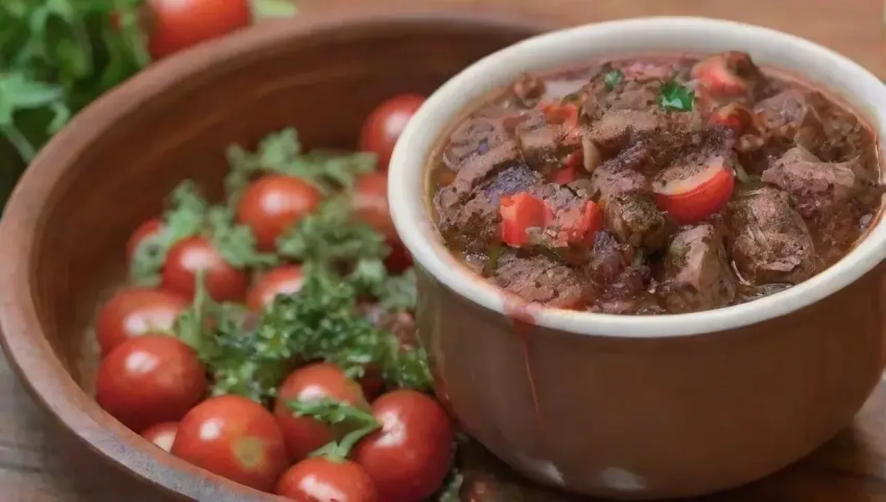 Una deliciosa salsa marrón oscura con hierbas frescas y especias, lista para acompañar pavo marinado en una acogedora cocina