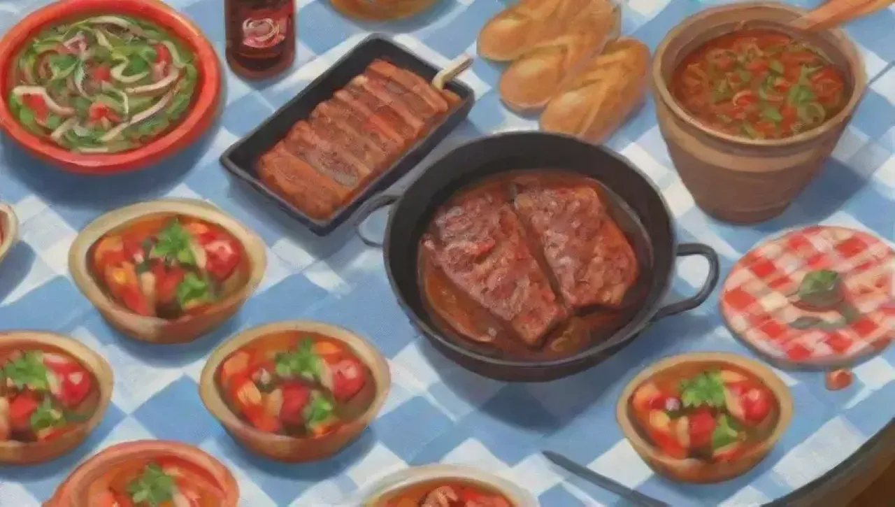 Una escena vibrante de BBQ con familia, risas, comida deliciosa y un ambiente soleado