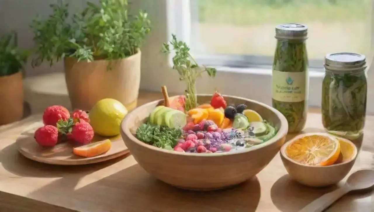 Una cocina serena y saludable llena de colores vibrantes y elementos naturales