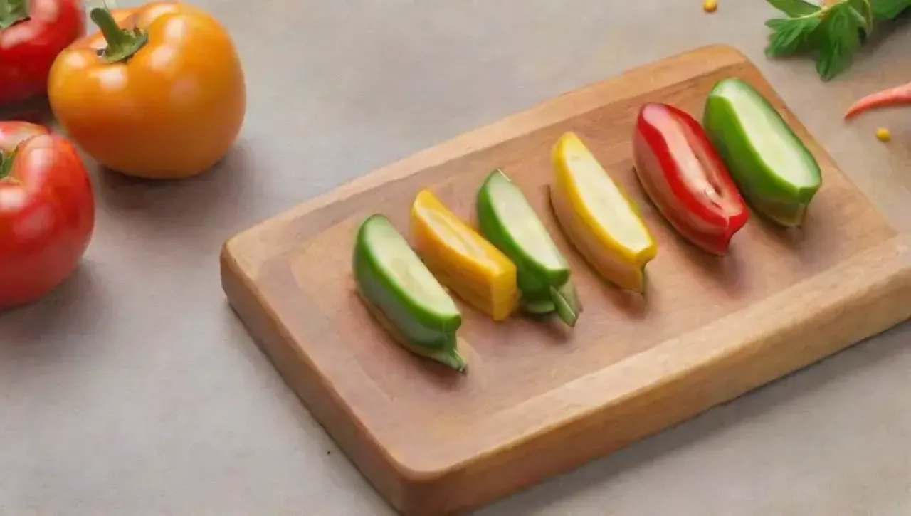 Un cuchillo de cocina elegante descansa sobre una tabla de cortar, rodeado de frescos vegetales y un ambiente cálido