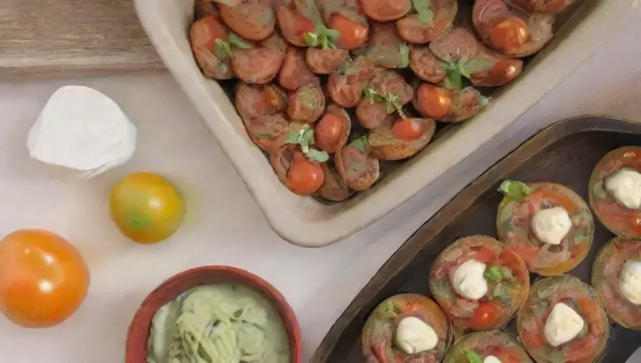 Bruschettas coloridas con tomates, albahaca, pan tostado y vino blanco en una mesa rústica