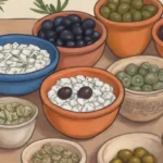 Platos griegos antiguos con ingredientes tradicionales y un ambiente mediterráneo