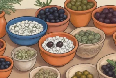 Platos griegos antiguos con ingredientes tradicionales y un ambiente mediterráneo