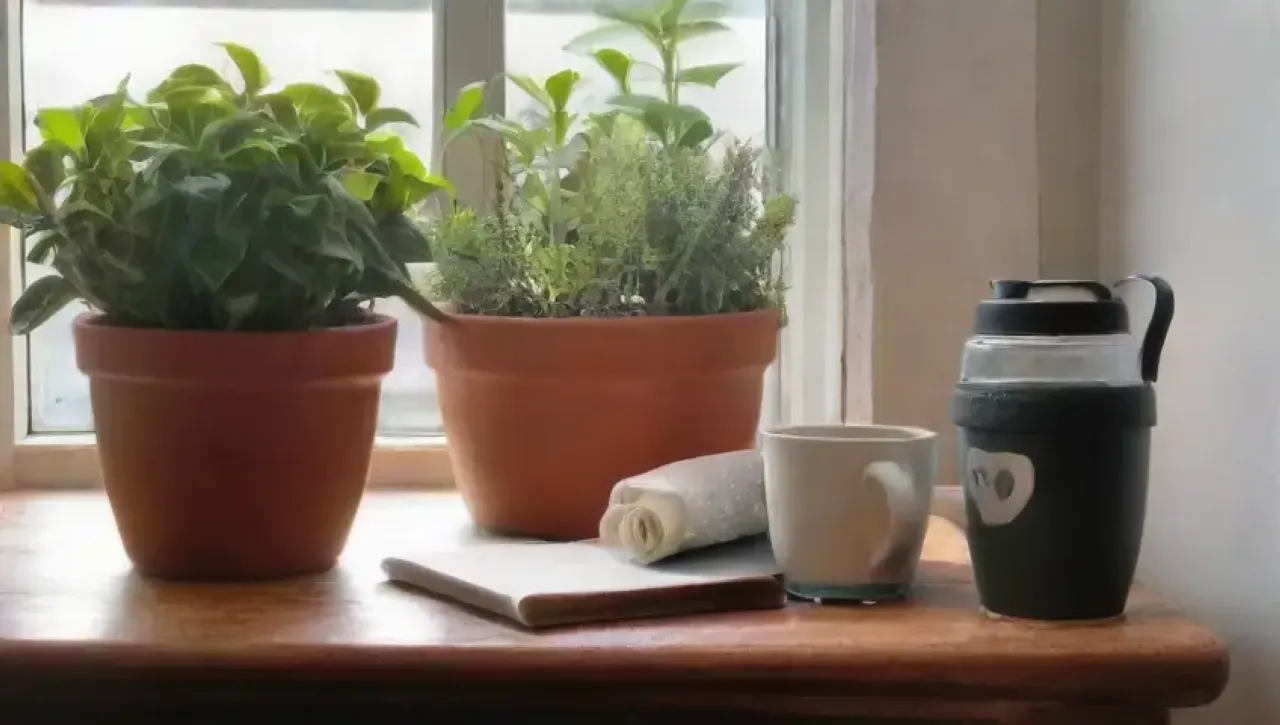 Un rincón acogedor de café con luz cálida, café humeante, plantas, un libro abierto y un ambiente perfecto para disfrutar y motivarse
