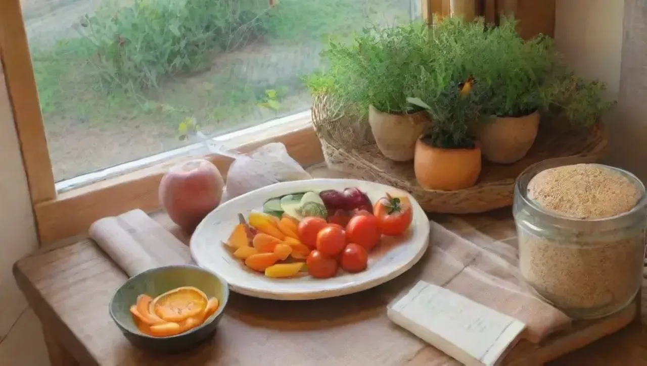 Una cocina serena iluminada por el sol, con una mesa de madera llena de verduras frescas y un ambiente pacífico