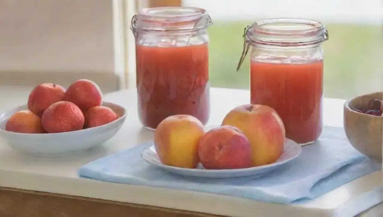 Una cocina acogedora llena de frascos de mermelada colorida, frutas frescas y utensilios dispuestos