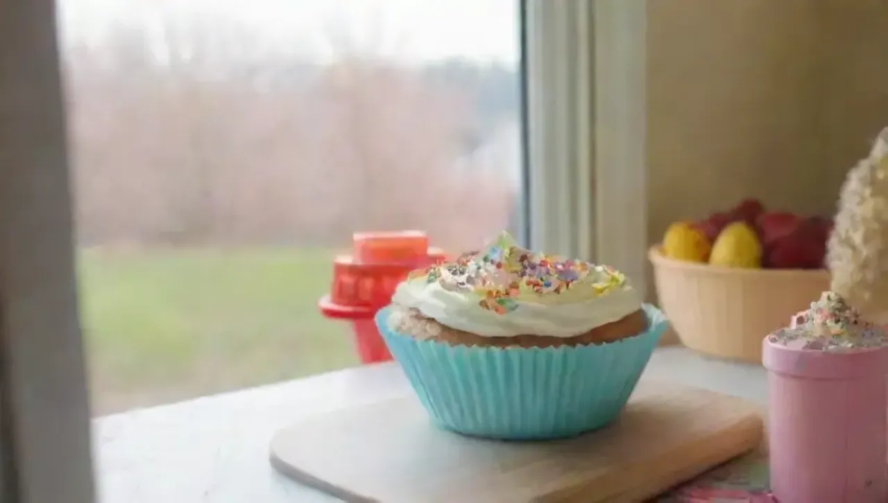 Un alegre ambiente de repostería con coloridos cupcakes y herramientas de cocina