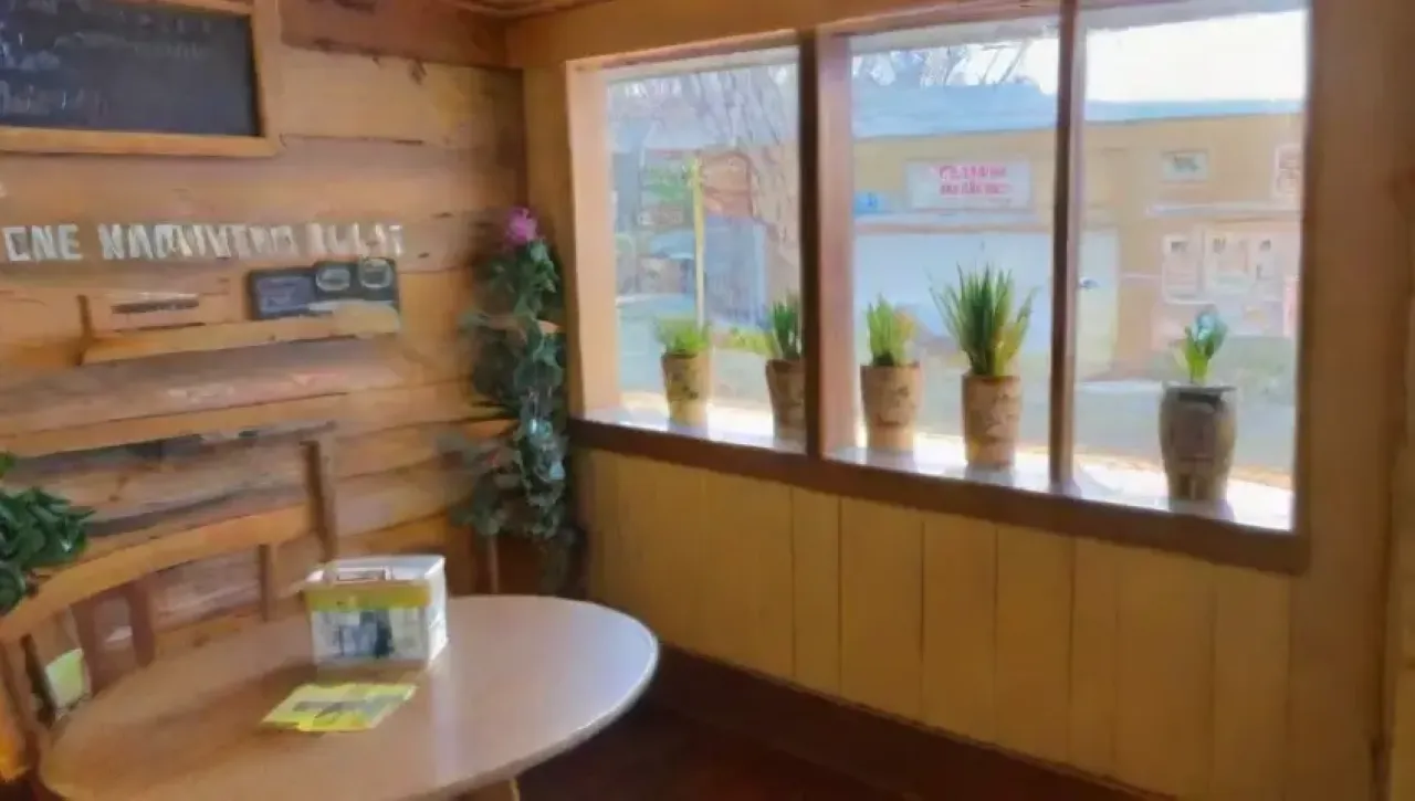 Un acogedor café con café vibrante, arte colorido, plantas verdes y un ambiente cálido