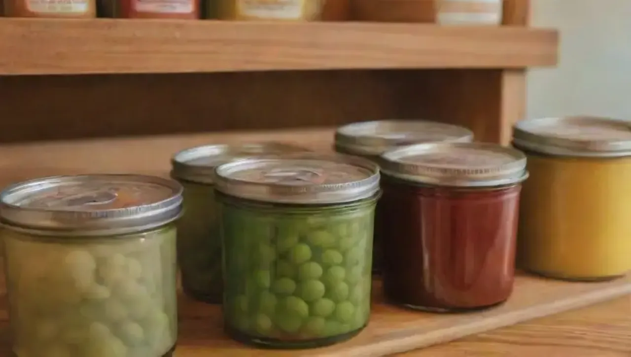 Latas coloridas y vibrantes sobre una mesa rústica, rodeadas de ingredientes frescos en una cocina acogedora