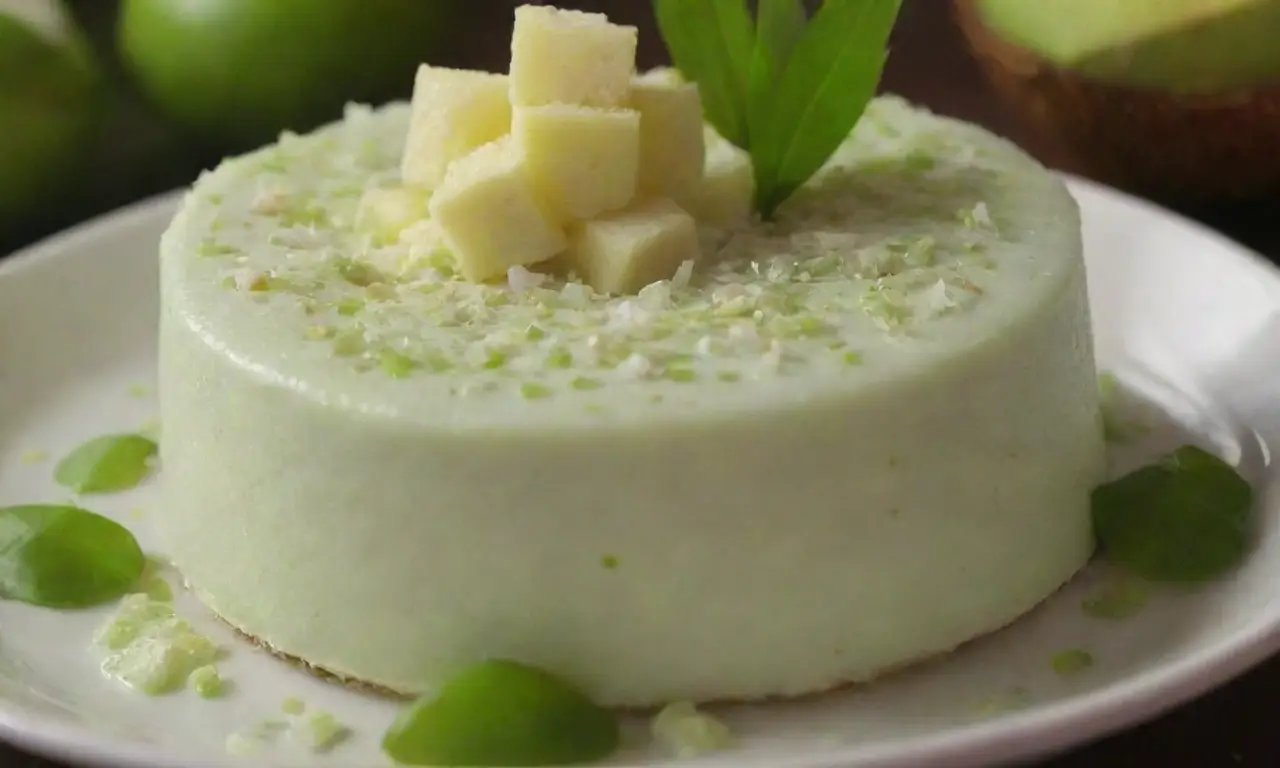 Postre tropical cremoso con sabores de pandan y trozos de coco