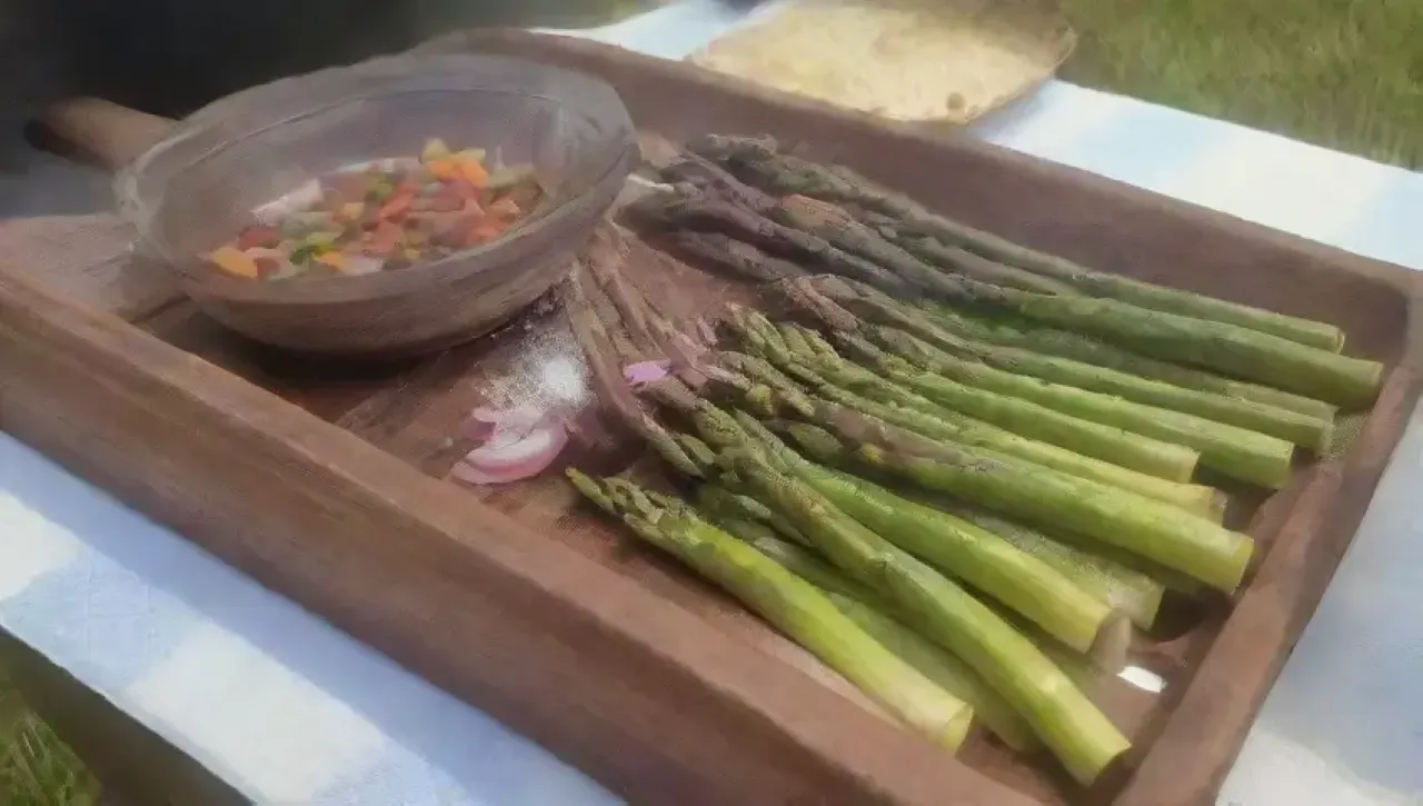Espárragos a la parrilla con aceite de oliva, limón, ajo y un ambiente primaveral
