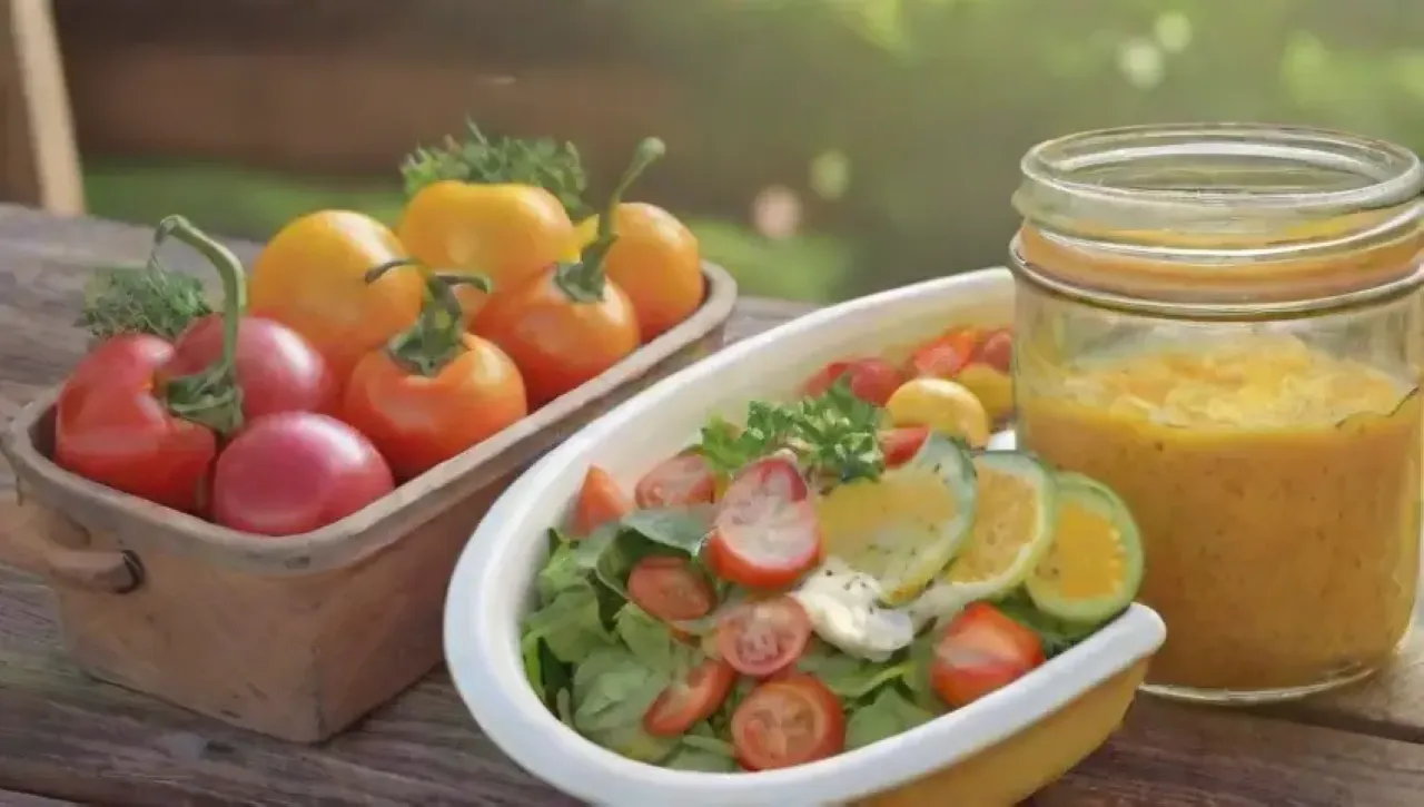 Ensalada vibrante con mostaza amarilla, verduras frescas y un toque de limón