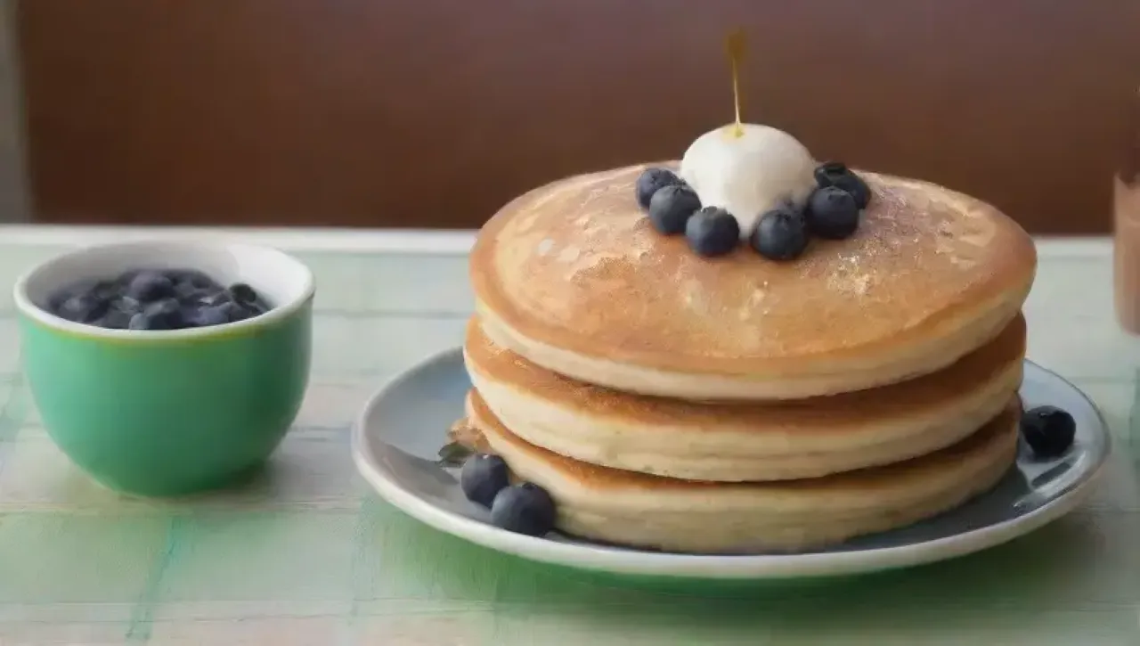 Pancakes esponjosos con arándanos y jarabe de arce en una cocina acogedora