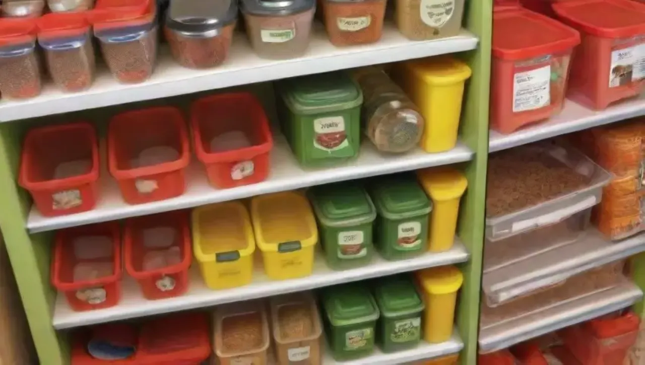 Cocina ordenada y luminosa con estantes organizados, frascos etiquetados y alimentos frescos