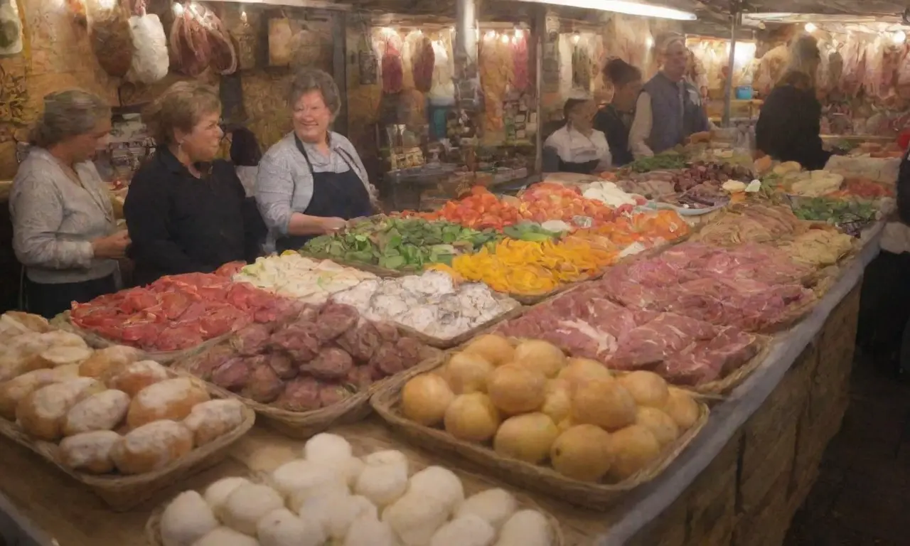 Mercado vibrante con productos frescos, carnes locales, quesos artesanales y un ambiente cultural