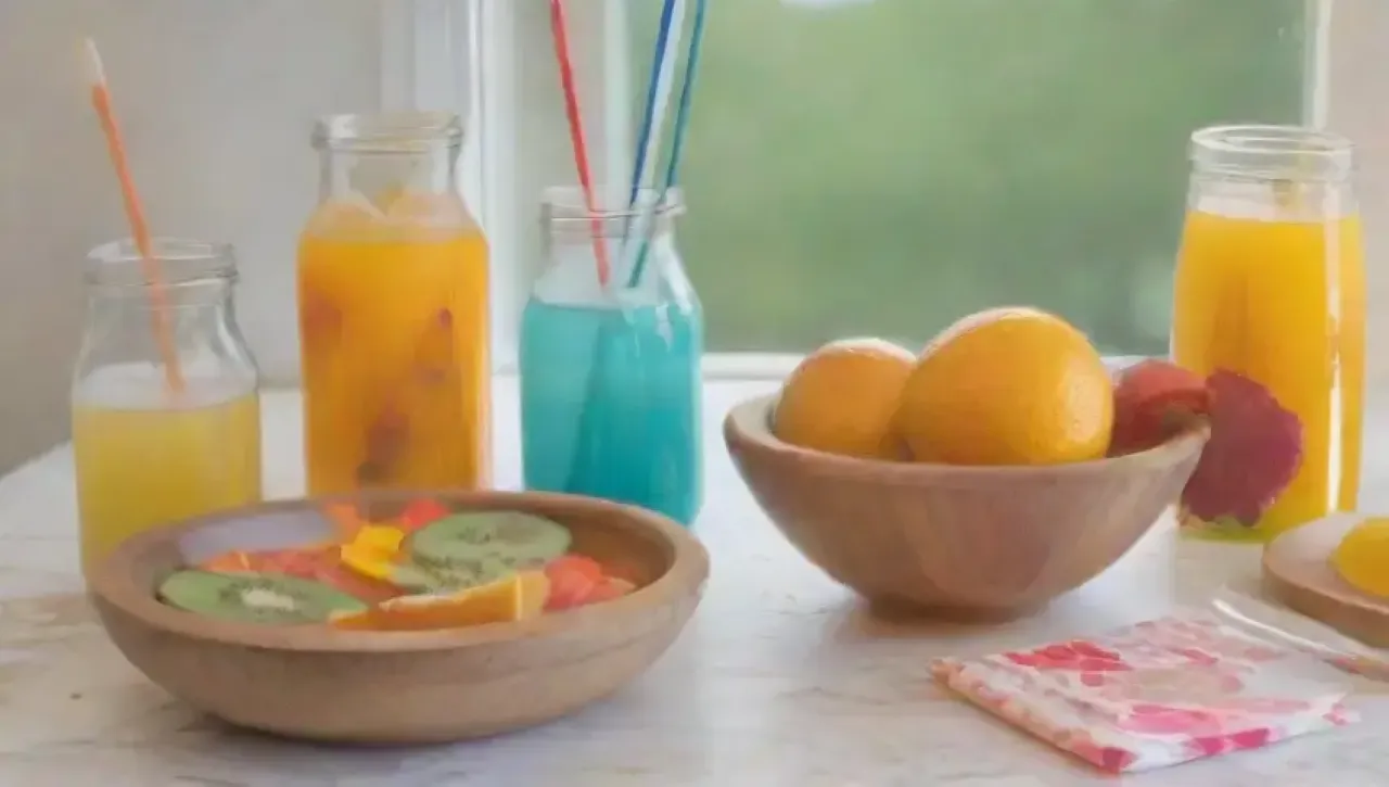 Cocina luminosa con frutas frescas, agua burbujeante y un ambiente alegre