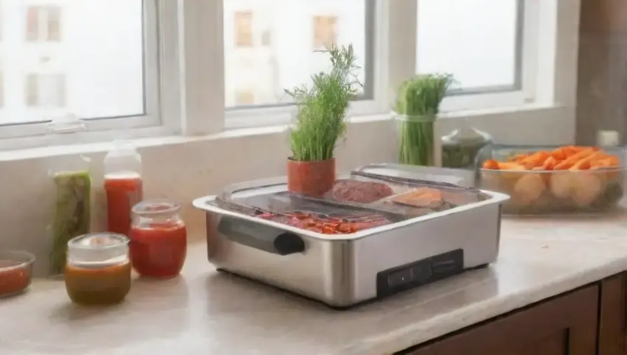 Una cocina minimalista y elegante, equipada para la técnica sous-vide, con ingredientes frescos y un ambiente acogedor