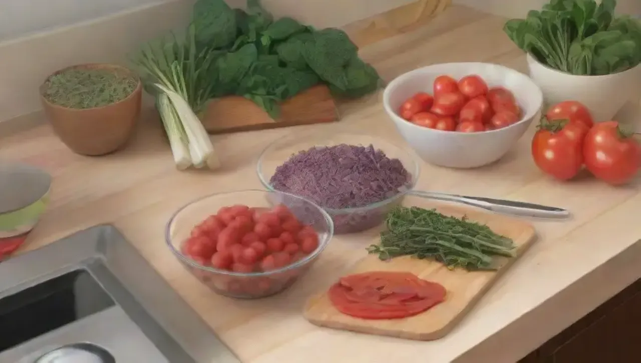 Cocina vibrante con cuchillos brillantes, verduras coloridas y un ambiente creativo
