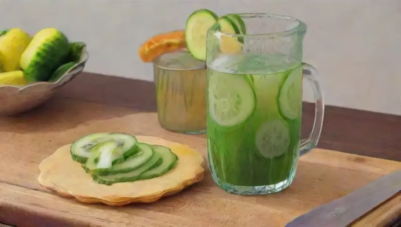 Una refrescante bebida de frutas vibrantes lista para disfrutar en una cocina rústica