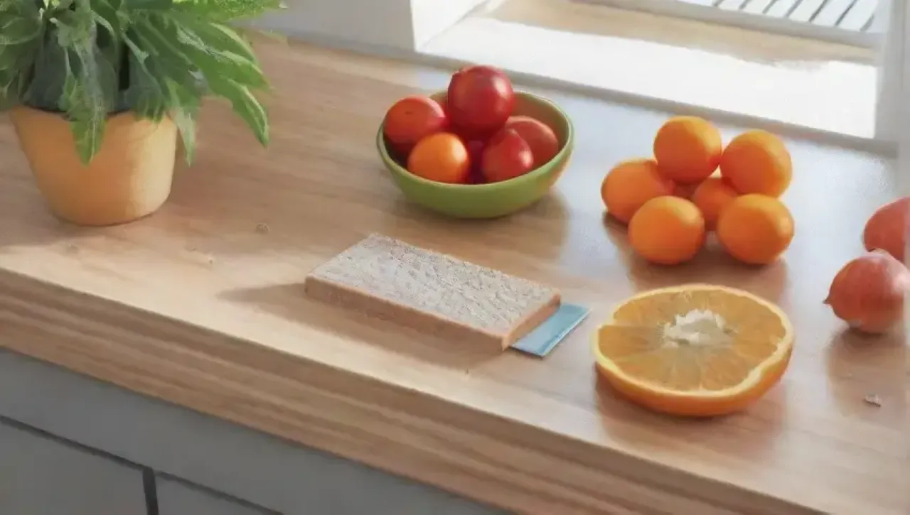 Cocina luminosa y acogedora, llena de frutas, verduras y utensilios organizados