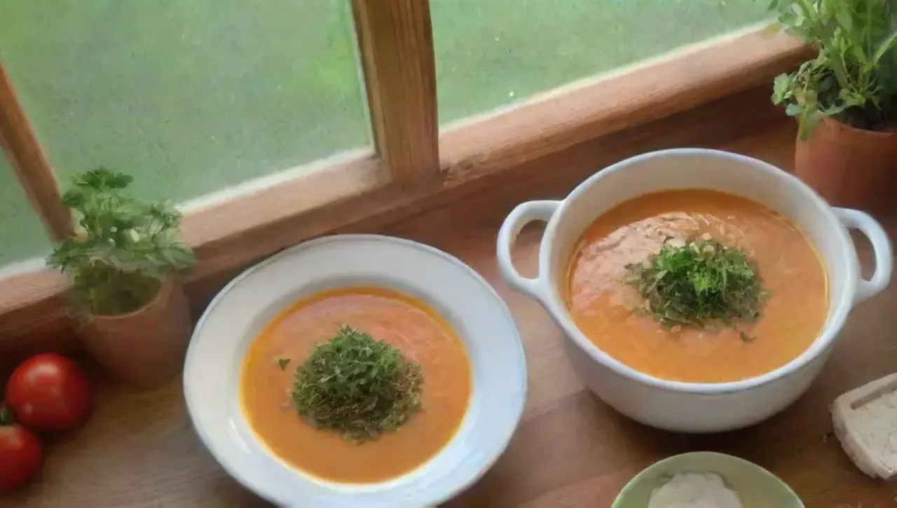 Un acogedor ambiente de cocina con sopas vibrantes, ingredientes frescos y una atmósfera saludable