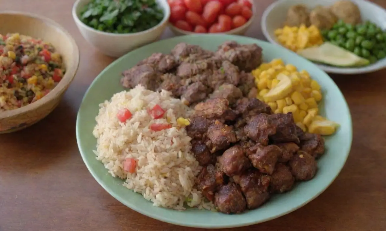 Platos jamaicanos coloridos y tropicales con pollo jerk y ackee