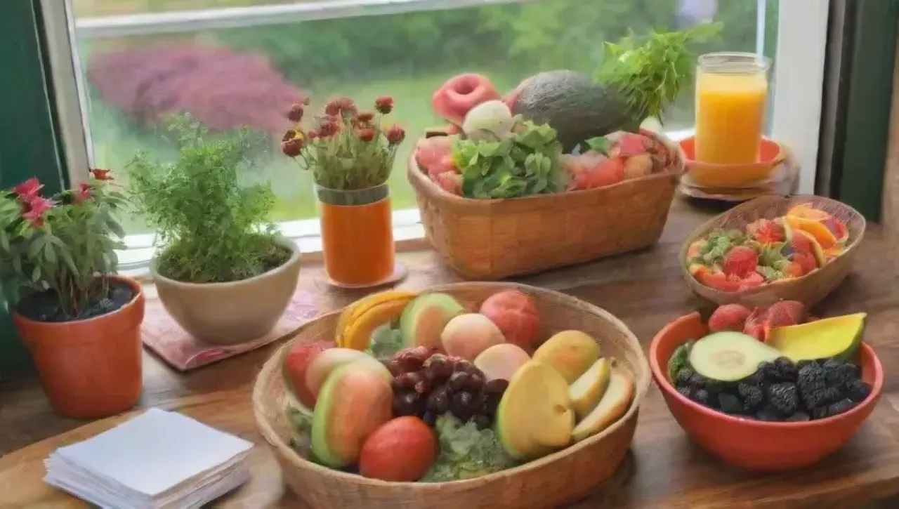 Una colorida y saludable escena de alimentos frescos y momentos de alegría en la cocina y la mesa