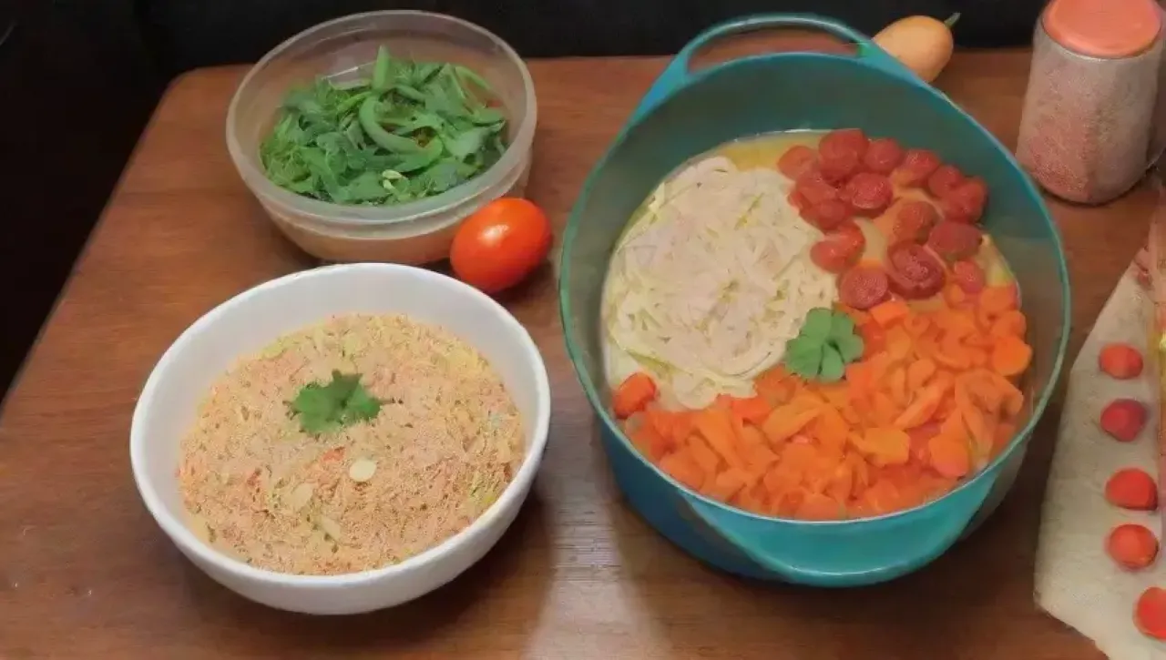Cocina acogedora con ingredientes frescos y utensilios coloridos