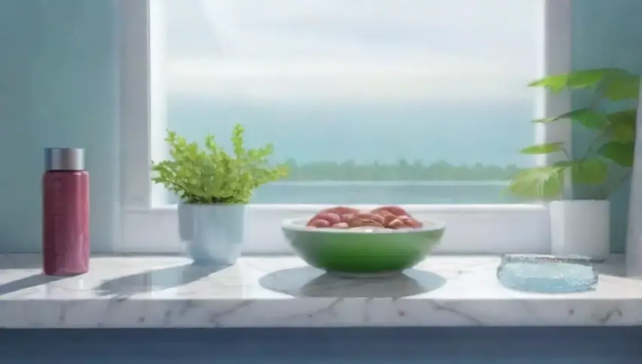 Un baño sereno con paredes azules, luz suave, agua cristalina, plantas verdes y un ambiente tranquilo que promueve la salud