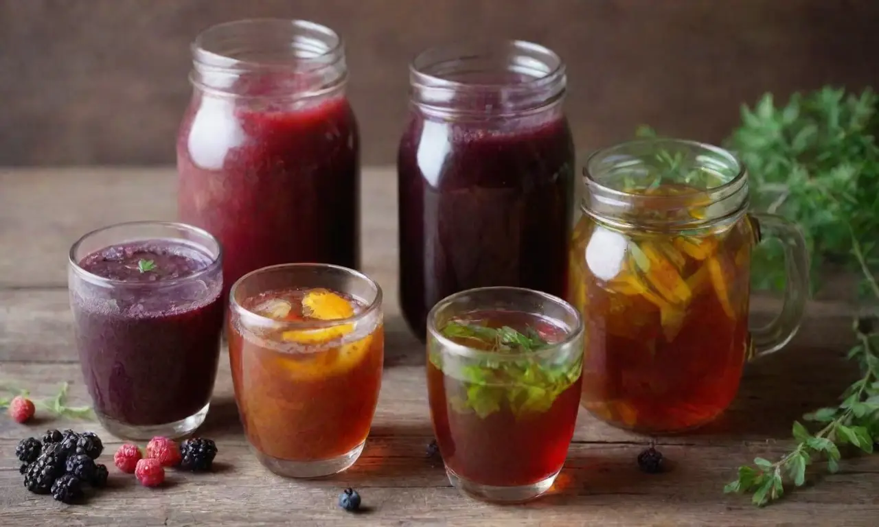 Bebidas coloridas y hierbas latvias en un fondo rústico
