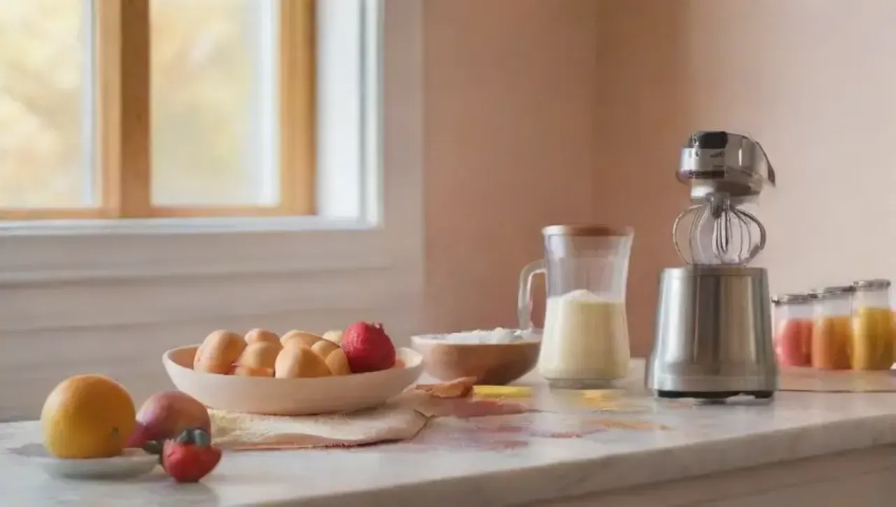 Cocina luminosa y acogedora con un mezclador eléctrico, ingredientes vibrantes y un ambiente creativo